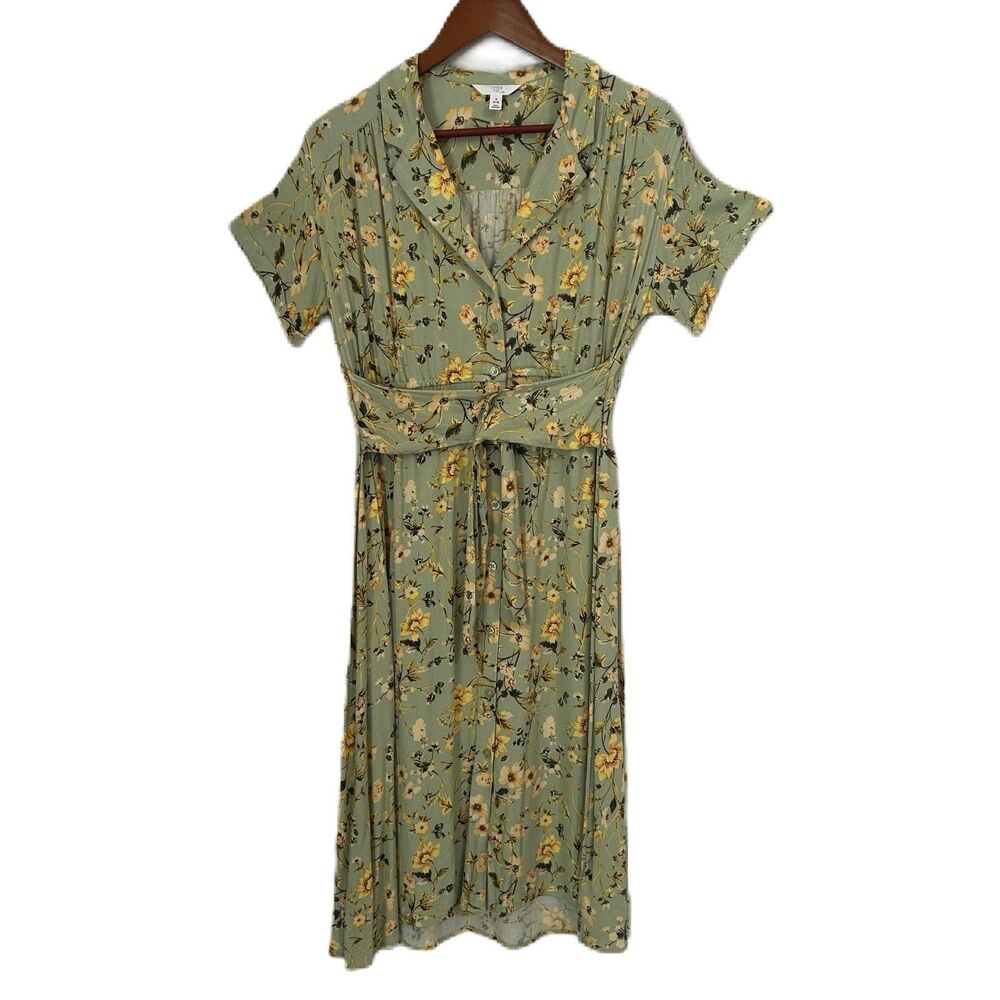 Time & Tru Dress Women S Green Floral Shirt Belt Elastic Waist Cottage Prairie